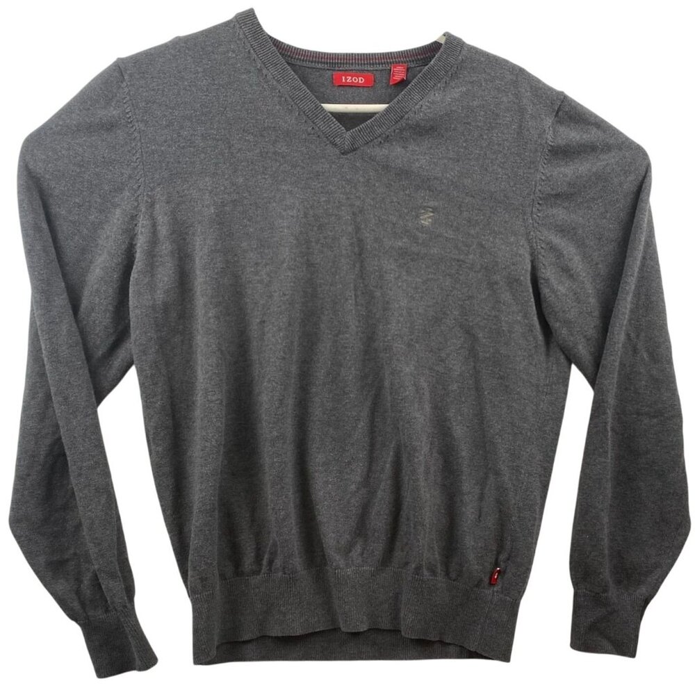 Izod Mens Sweater Medium Gray V-Neck Cotton Blend Long Sleeve